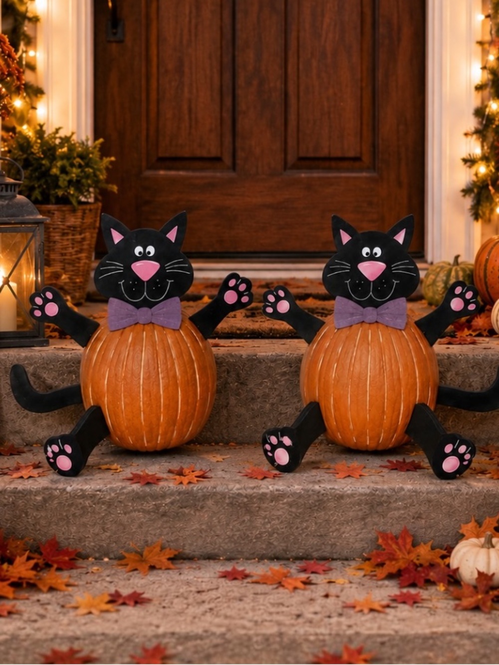 Vintage Wooden Black Cat Pumpkin Decor Set Of 2 Halloween Yard Stakes As Is